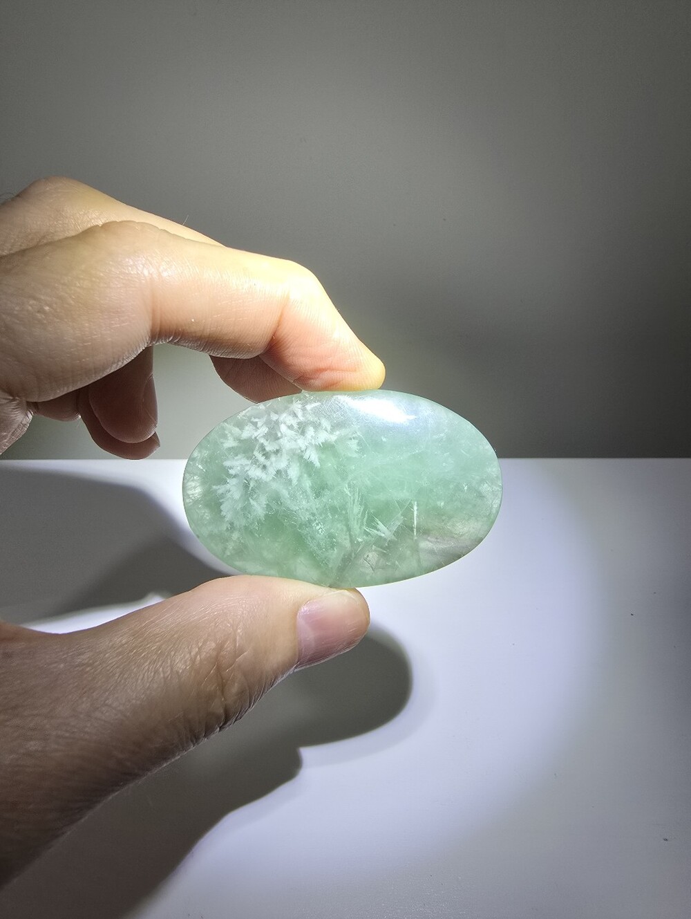 Feather Fluorite Crystal Palmstone #A